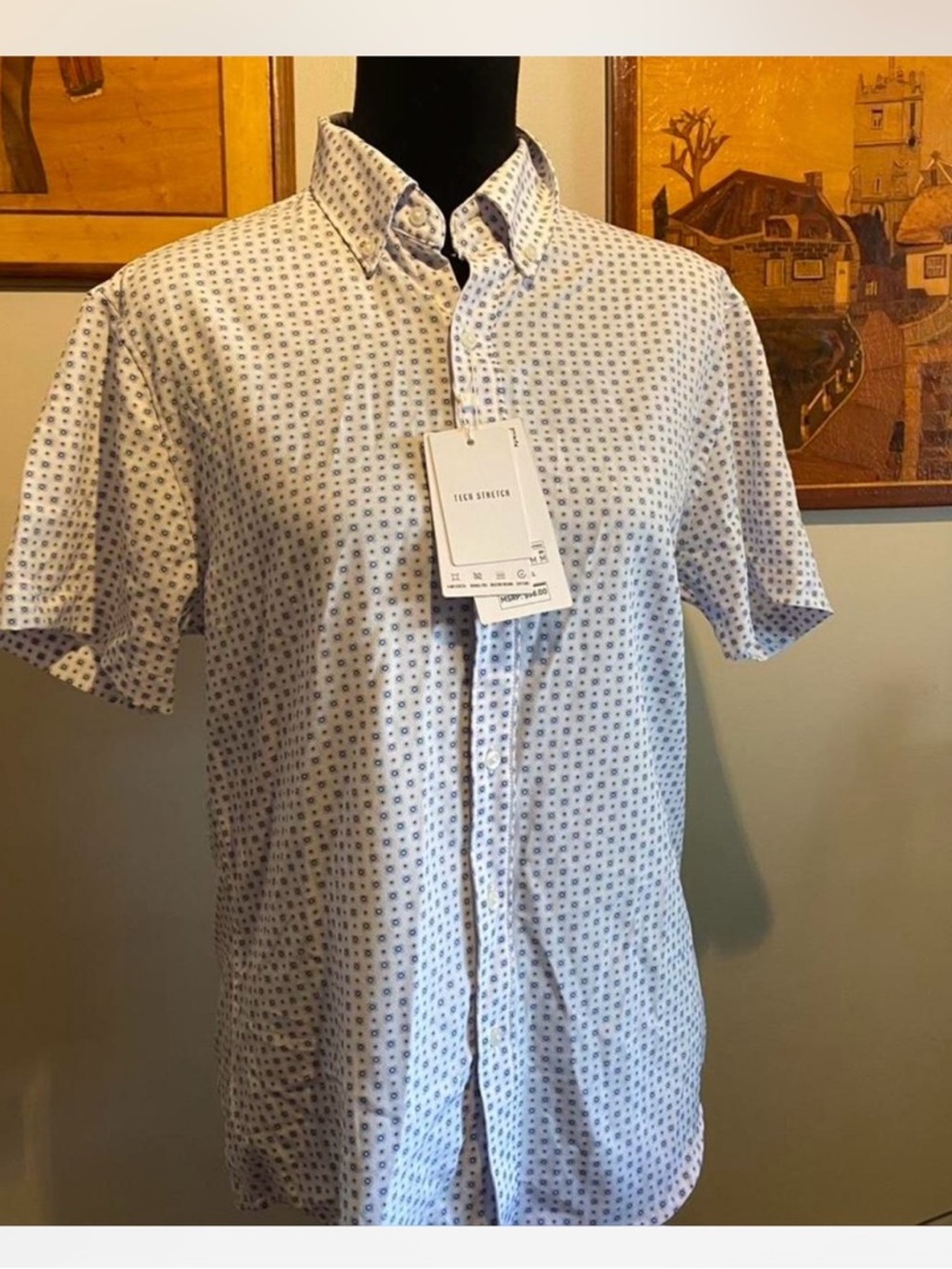 Denim & Flower White Short-Sleeve Button-Down with Blue Microprint